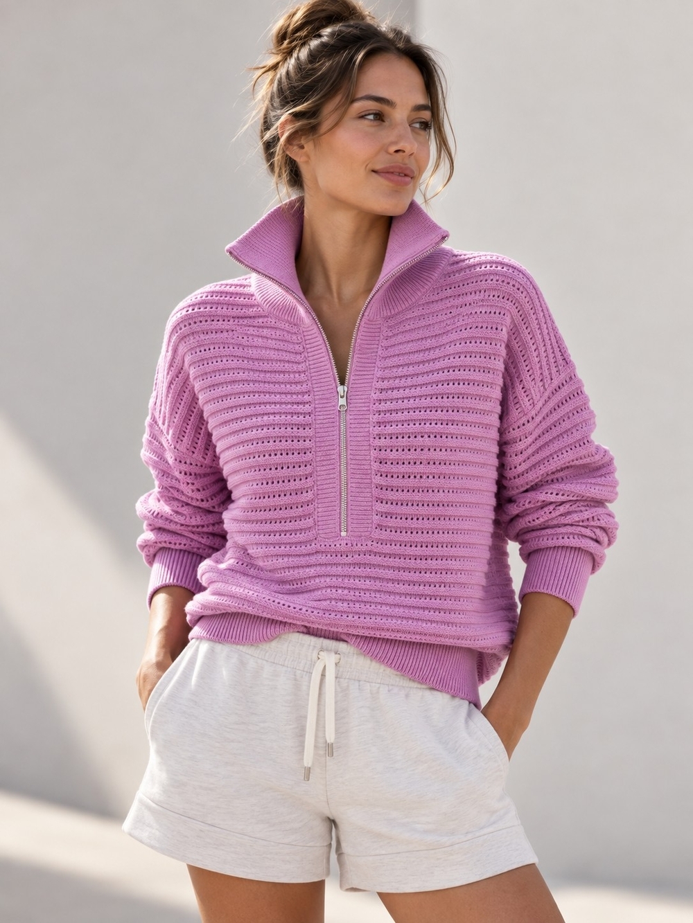 VARLEY Tara Pointelle Knit Half Zip Pullover Sweater In Foxglove Size Medium
